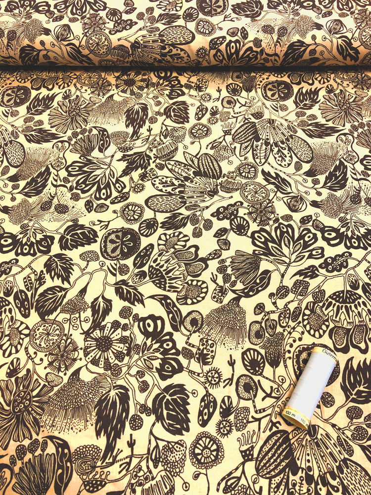 Floral Waterfall - Woodcut - Tan
