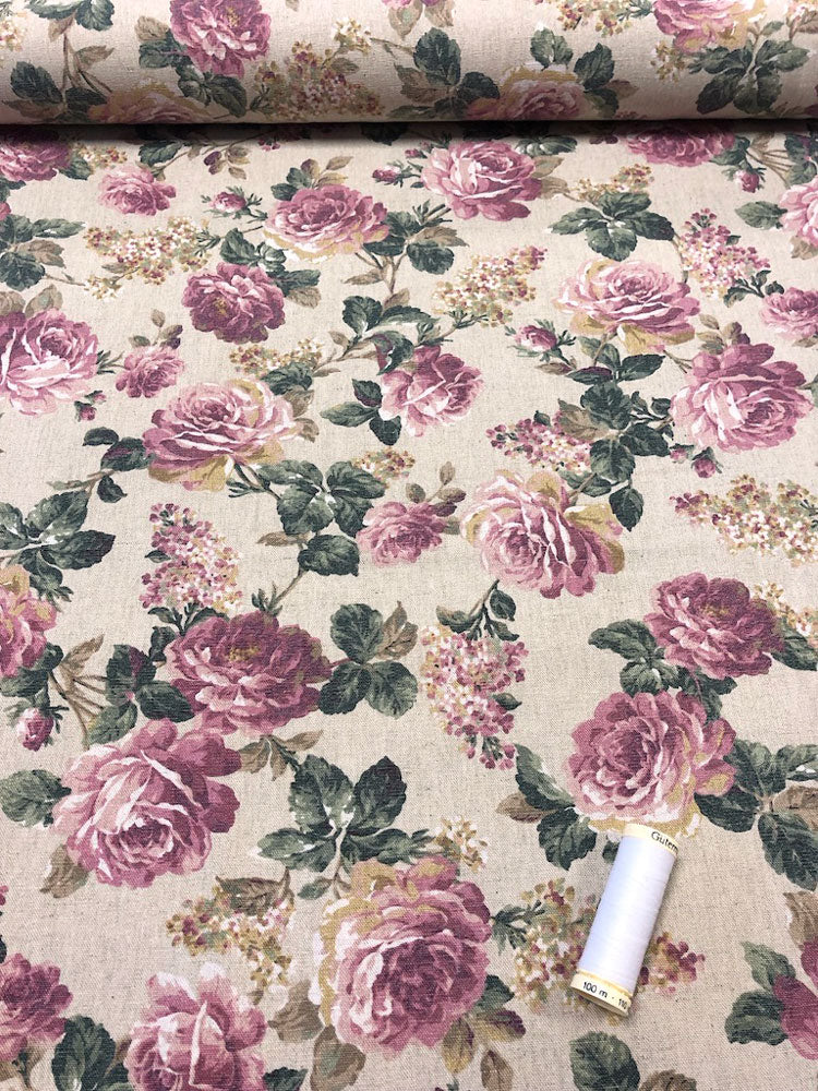 Linen - Floral Cream and Pink - Craftyangel
