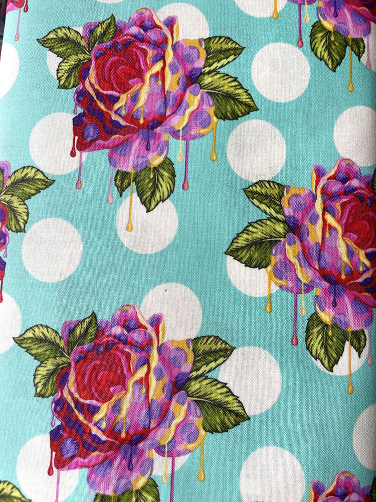 Curiouser and Curiouser  - Painted Drippy Roses - Wonder (turquoise)